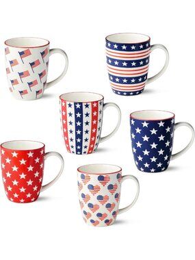 Patriotic Porcelain Mug Set of 6 - 14oz Red, White & Blue Star Stripe Designs